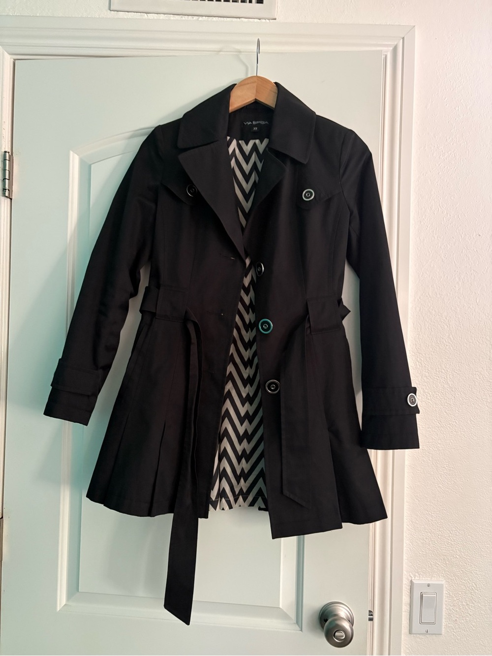 Via Spiga Black Trench Coat with Chevron Lining